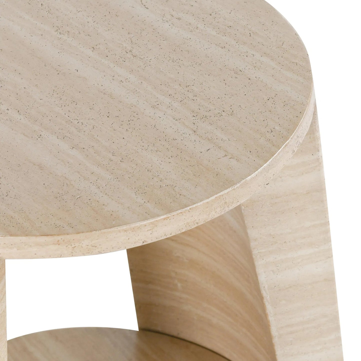 004 SI-2238831 | Closeup | Rosen Outdoor Round Stone End Table by Classic Home in beige. Made from glass fiber reinforced concrete stone in a transitional style.