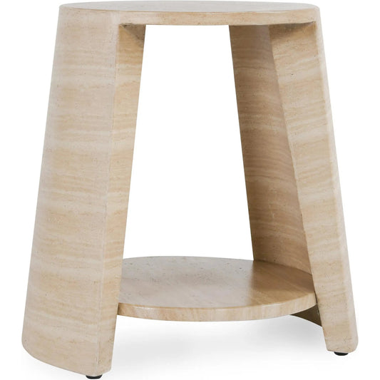 Rosen Outdoor Round Stone End Table by Classic Home in beige. Made from glass fiber reinforced concrete stone in a transitional style.