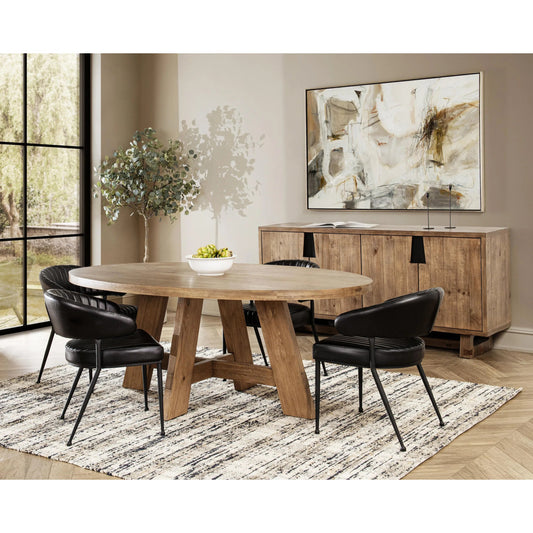 Crescent Oval Reclaimed Oak Wood Dining Table by Kosas Home in natural. Made from reclaimed oak veneer in a transitional style.