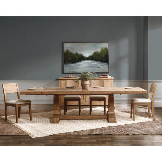 Allegra Extendable Reclaimed Pine Wood Dining Table by Kosas Home in natural. Made from reclaimed pine in a transitional style.
