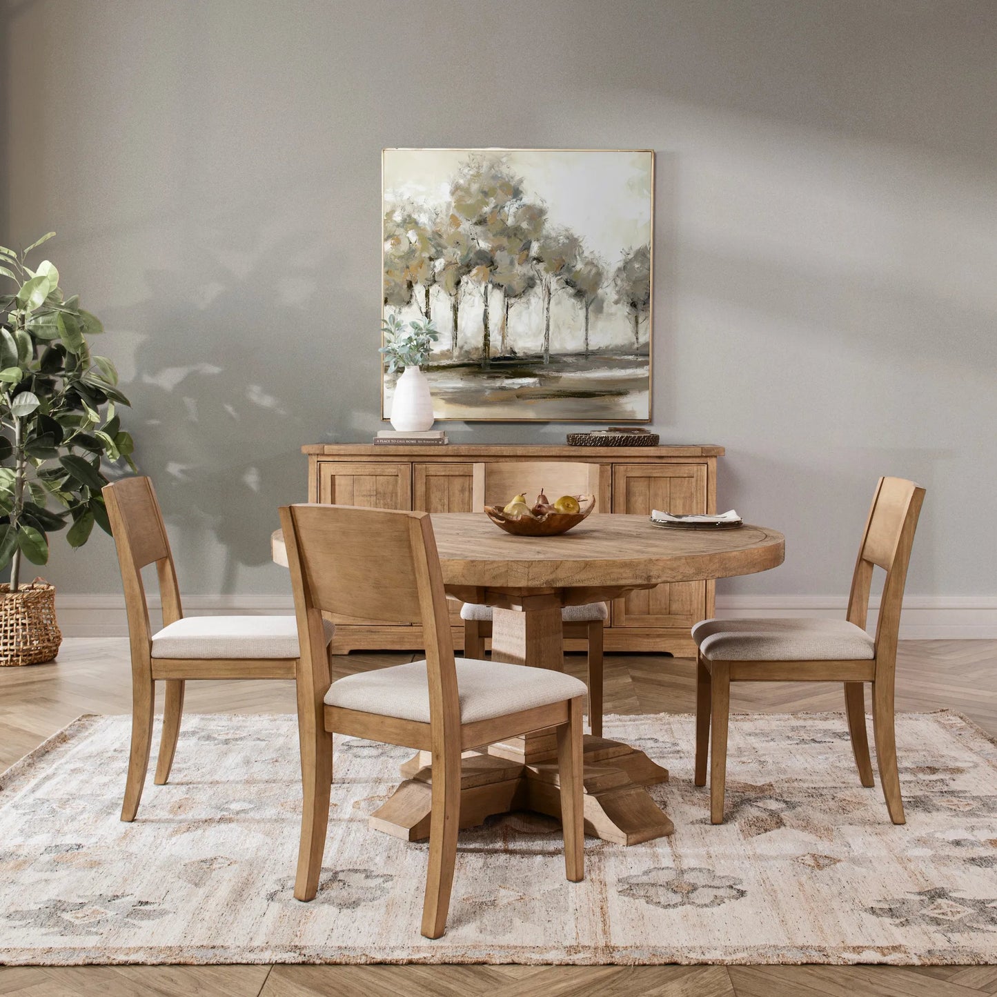 008 SI-2353723 | Closeup | Allegra Reclaimed Pine Round Dining Table by Kosas Home in natural. Made from reclaimed pine in a unique style.