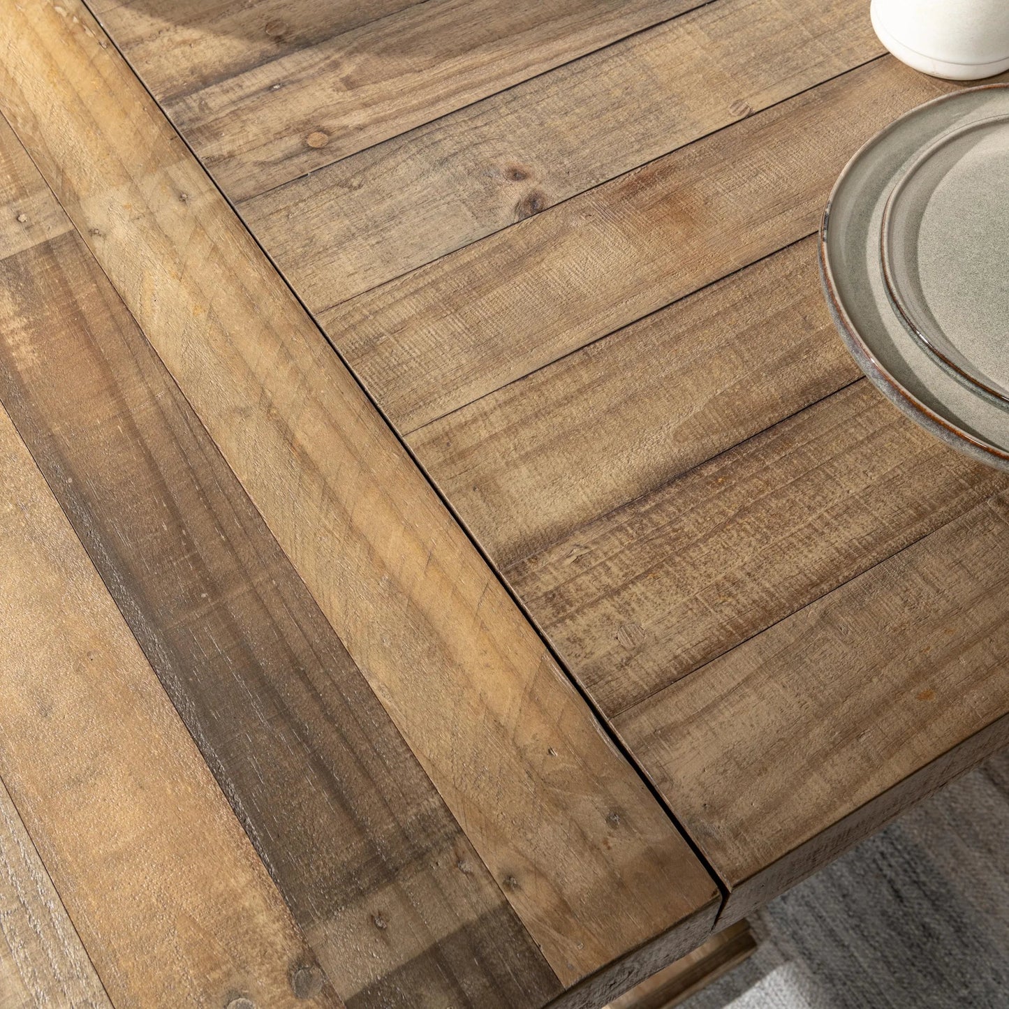 006 SI-2353724 | Closeup | Dita Reclaimed Pine Wood Extendable Dining Table by Kosas Home in natural. Made from reclaimed pine in a transitional style.