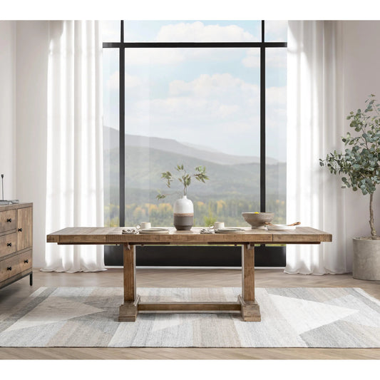 Dita Reclaimed Pine Wood Dining Table by Kosas Home in natural. Made from reclaimed pine in a transitional style.