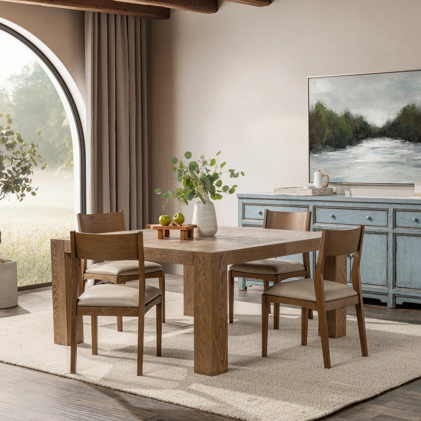 006 SI-2353726 | Lifestyle | Gilcrest Square Dining Table by Classic Home in natural. Made from reclaimed oak in a transitional style.