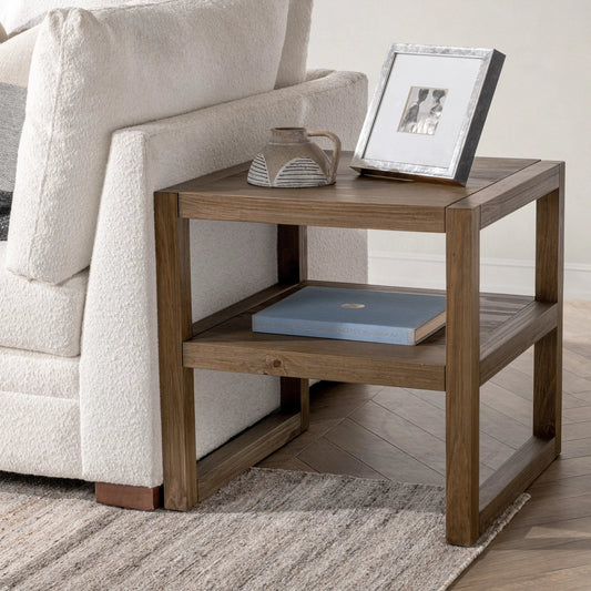 Fenmore End Table by Kosas Home in brown. Made from pine wood in a transitional style.