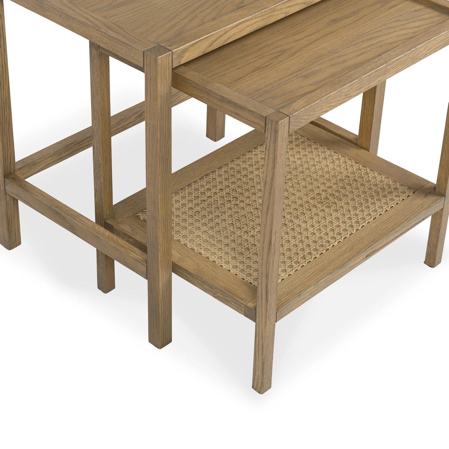 008 SI-2388524 | Closeup | Devin Oak Wood Nesting End Table by Classic Home in natural. Made from oak veneer, oak wood, cane in a unique style.