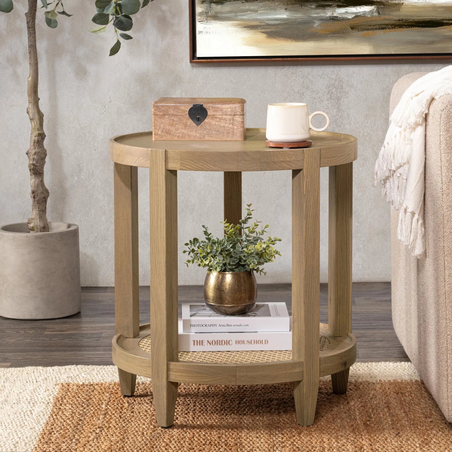 008 SI-2388525 | Lifestyle | Devin Oak Wood Round End Table by Classic Home in natural. Made from oak veneer, oak wood, cane in a unique style.