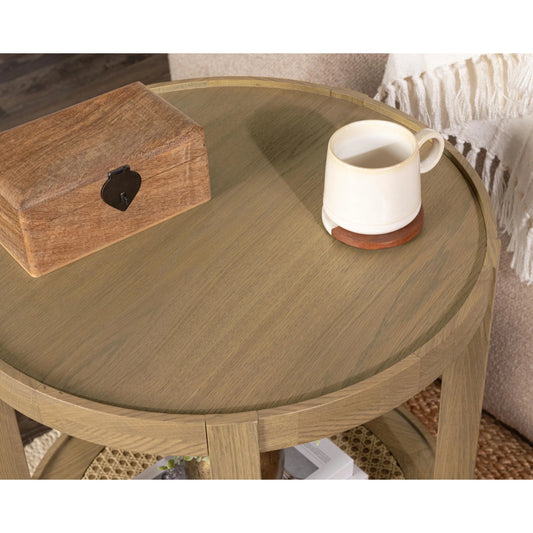 Devin Oak Wood Round End Table by Classic Home in natural. Made from oak veneer, oak wood, cane in a transitional style.