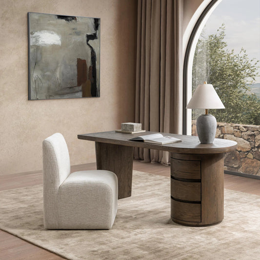 Estelle Wood Writing Desk by Classic Home in soft cocoa. Made from oak veneer in a unique style.