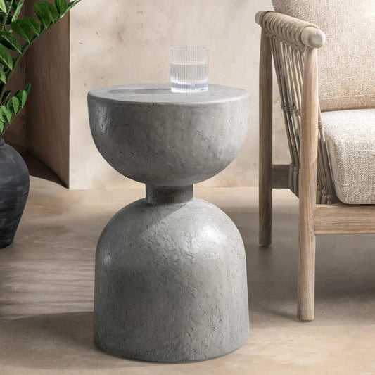 Adna Outdoor Accent Table by Classic Home in athena gray. Made from glass fiber reinforced concrete in a unique style.