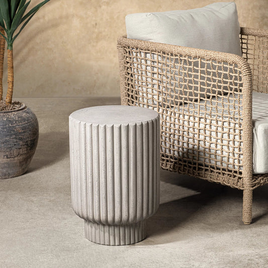 Gavens Outdoor Concrete Accent Table by Classic Home in light gray. Made from glass fiber reinforced concrete in a unique style.