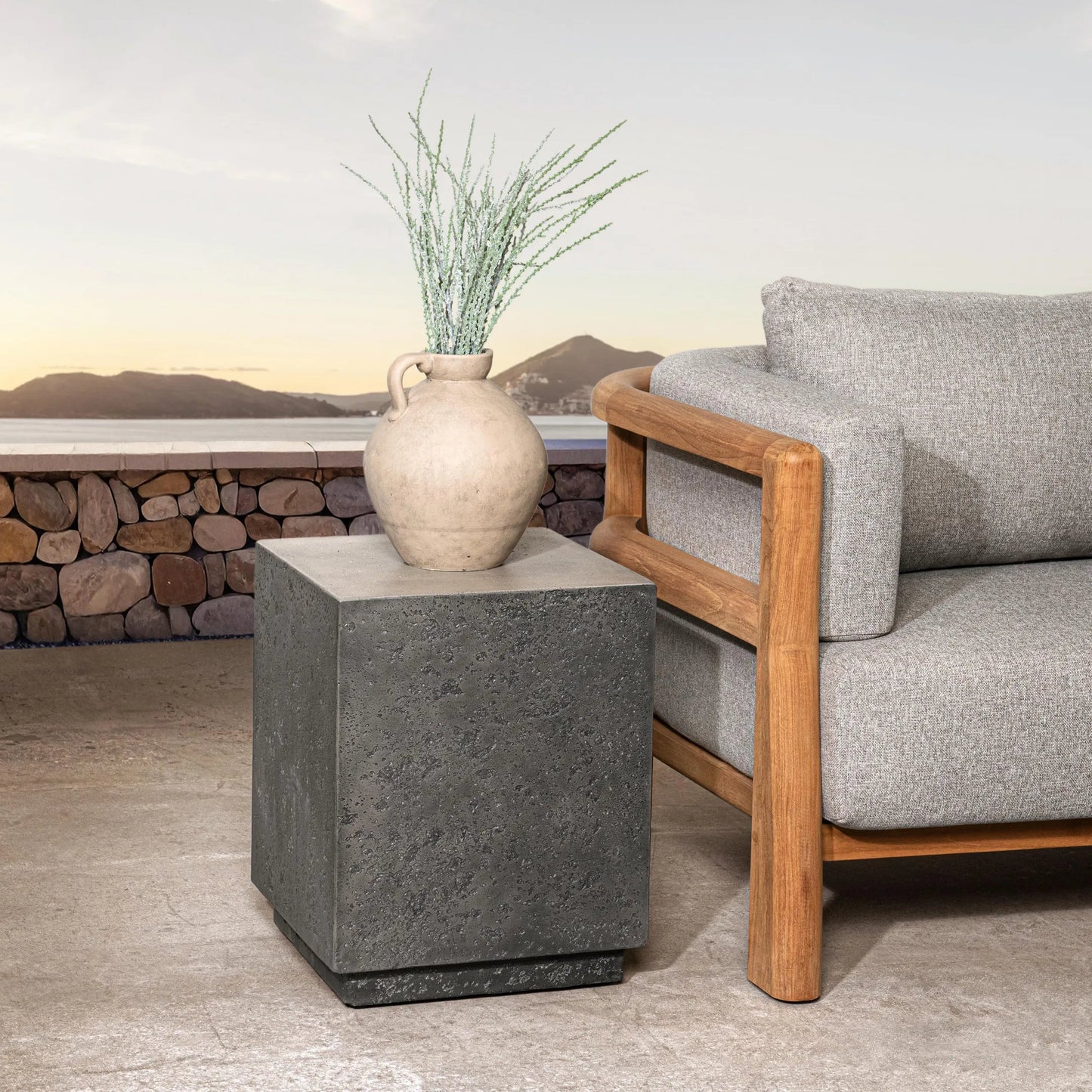 006 SI-2537790 | Lifestyle | Marwin Outdoor End Table by Classic Home in dark gray. Made from glass fiber reinforced concrete in a unique style.