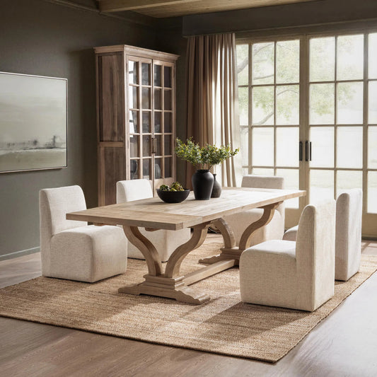 Julia Extendable Dining Table by Classic Home in soft earth. Made from reclaimed pine in a unique style.