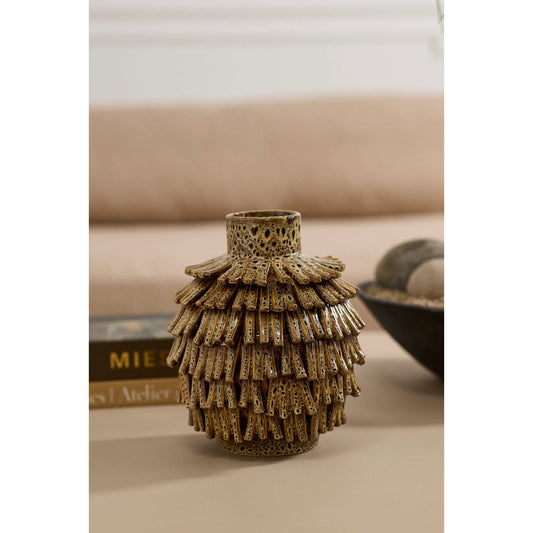 Fringe Vase by Accent Decor in caramel. Made from ceramic in a unique style.