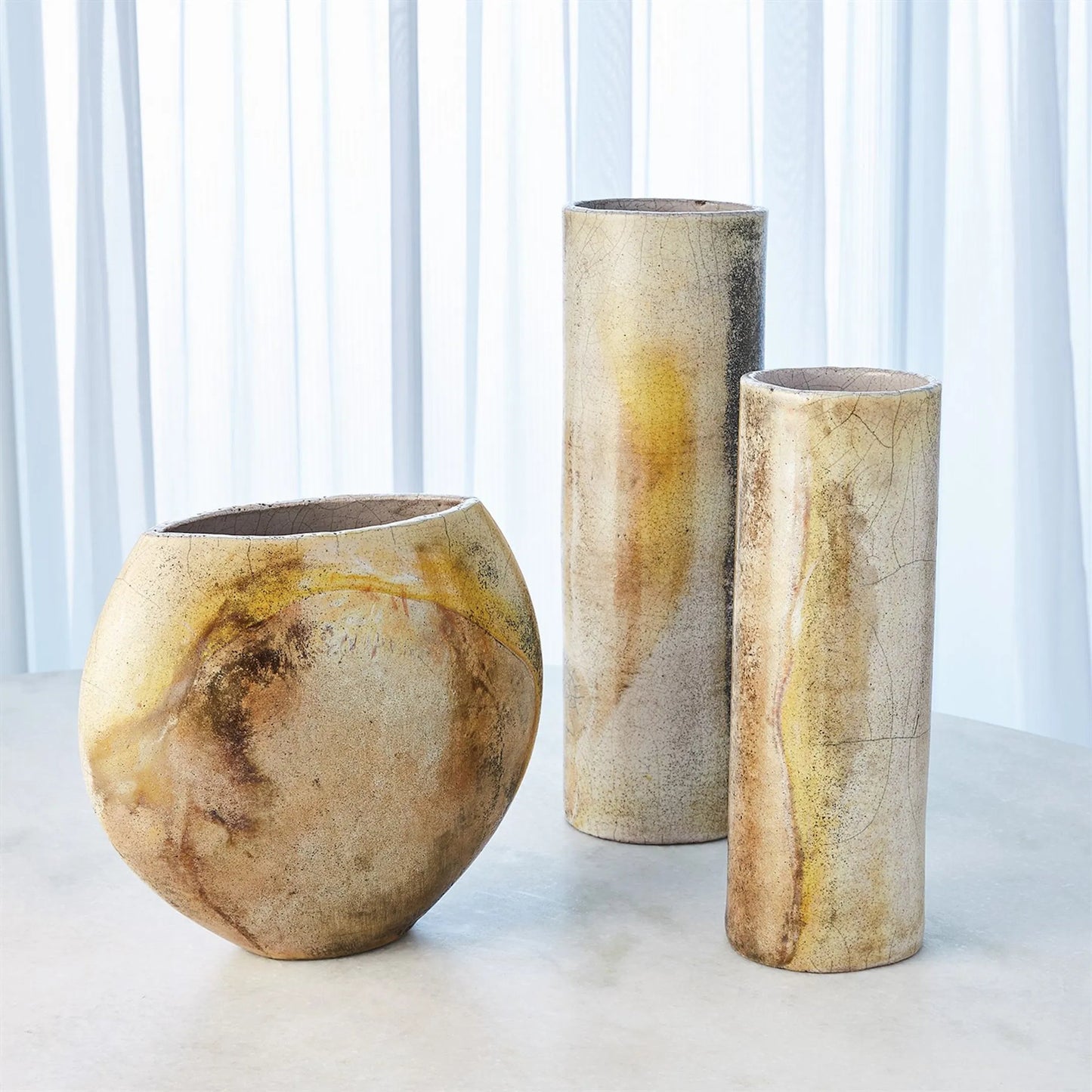 006 SR-892092 | Lifestyle | Golden Raku Flat Round Vase by Global Views. Made from ceramic raku in a eclectic & global style.