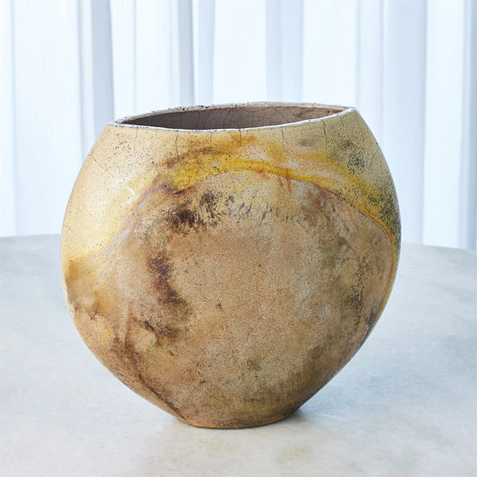 Golden Raku Flat Round Vase by Global Views. Made from ceramic raku in a eclectic & global style.