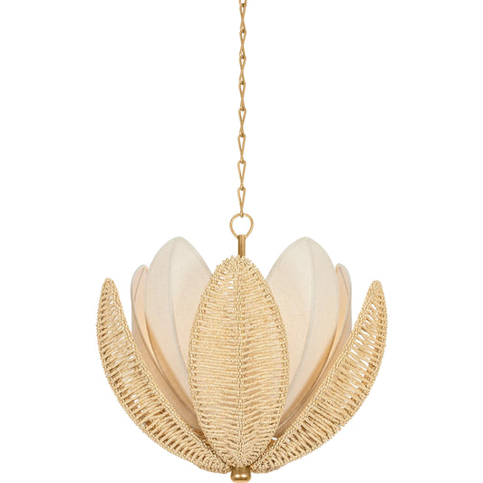 Costa Brava Chandelier by Corbett in vintage gold leaf. Made from natural woven in a rustic style.