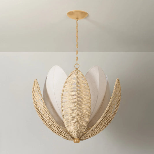 Costa Brava Chandelier by Corbett in vintage gold leaf. Made from natural woven in a rustic style.