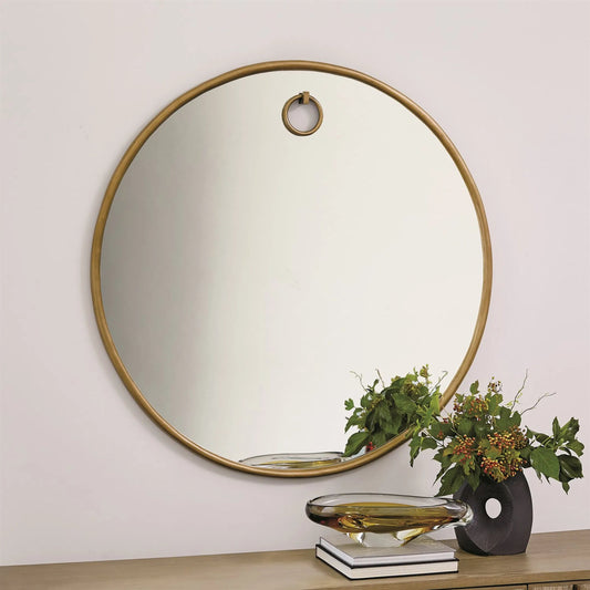 Exposed Mirror by Global Views in antique brass. Made from mdf, aluminum, mirror in a modern style.