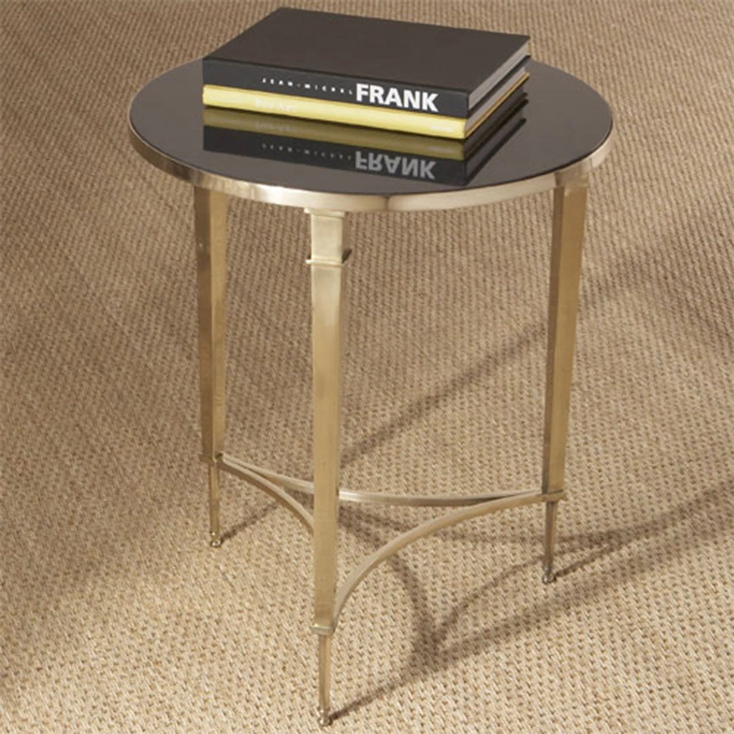 002 SR-701998 | Lifestyle | Round French Square Leg Table by Global Views in brass. Made from brass, granite in a transitional style.