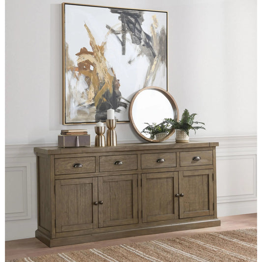 Quincy Sideboard by Kosas Home in desert gray. Made from reclaimed pine wood in a cottage & farmhouse style.