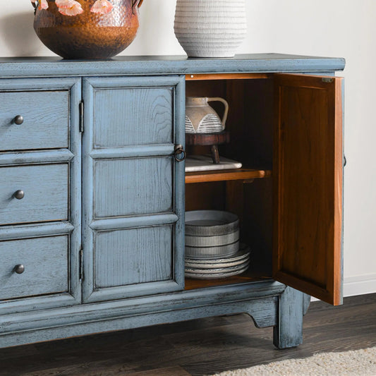 Crafton 4-Door Reclaimed Pine Wood Sideboard by Classic Home in blue. Made from reclaimed pine in a cottage & farmhouse style.