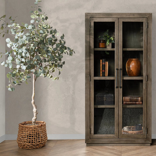 Quincy Display Cabinet by Kosas Home in desert gray. Made from reclaimed pine distressed in a modern style.