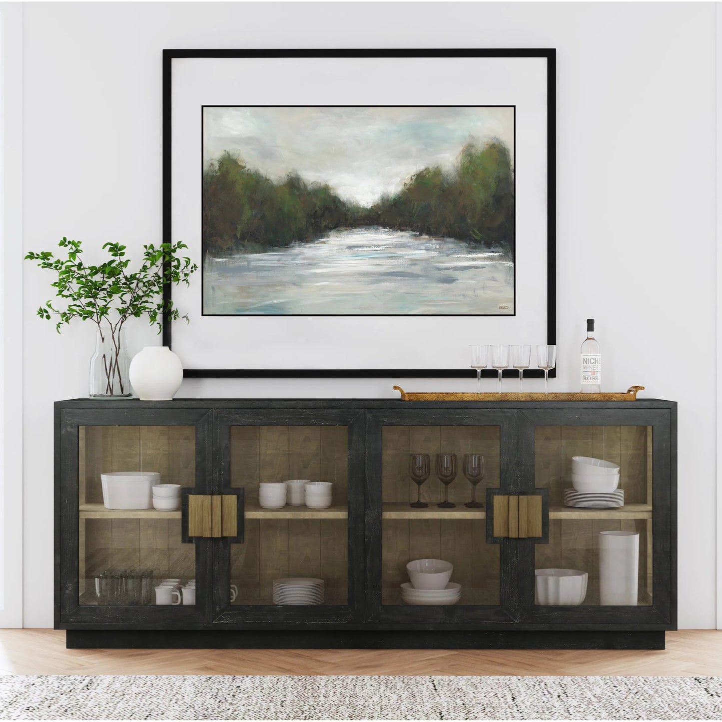 013 SI-2237273 | Lifestyle | Larson 90" Glass Reclaimed Pine Wood Sideboard by Classic Home in black. Made from unique in a modern style.