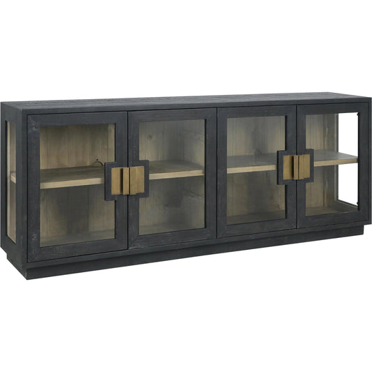 Larson 90" Glass Reclaimed Pine Wood Sideboard by Classic Home in black. Made from unique in a modern style.