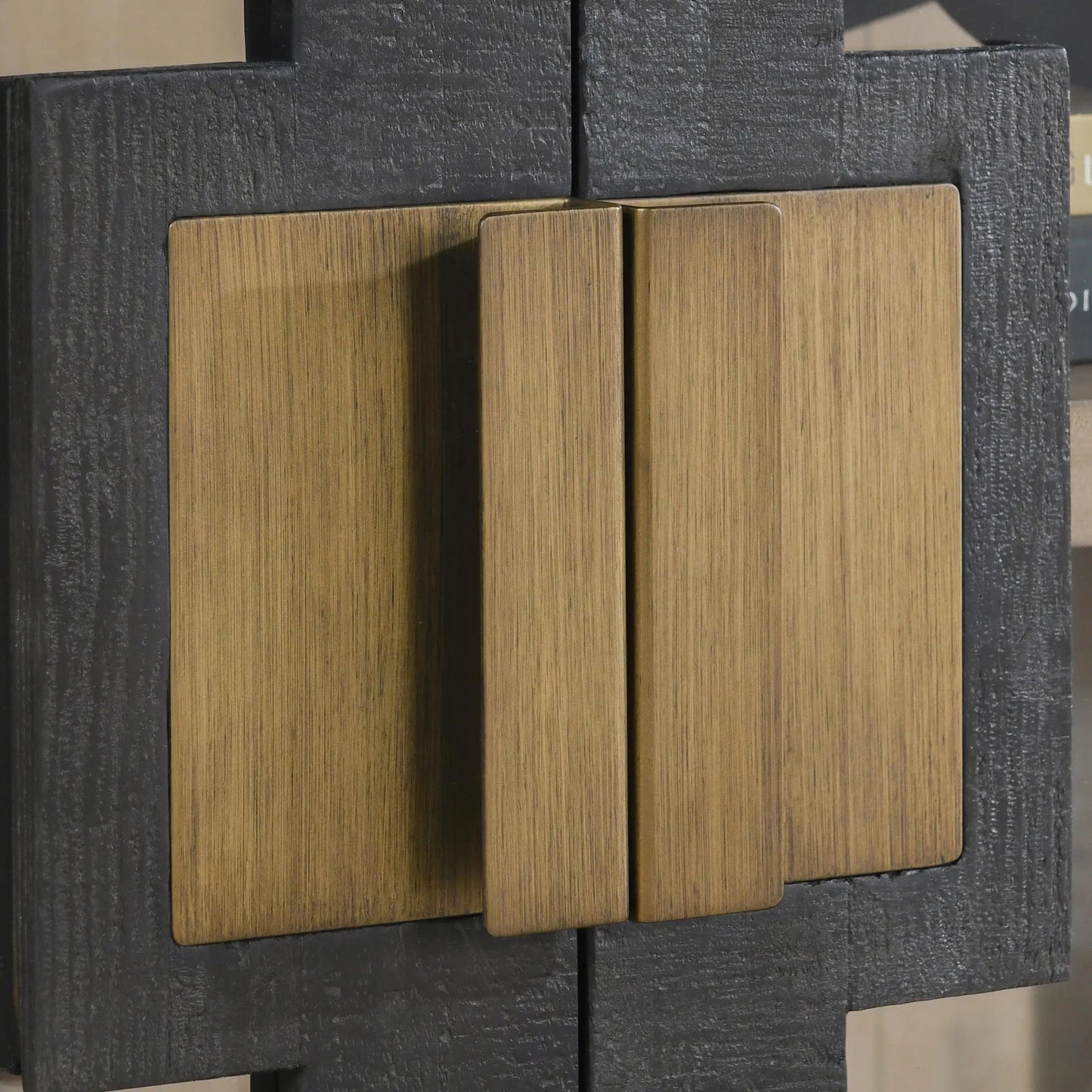 016 SI-2237280 | Closeup | Larson Two-Door Glass Oak Wood Cabinet by Classic Home in black. Made from unique in a modern style.