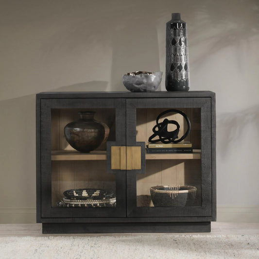 Larson Two-Door Glass Oak Wood Cabinet by Classic Home in black. Made from unique in a modern style.