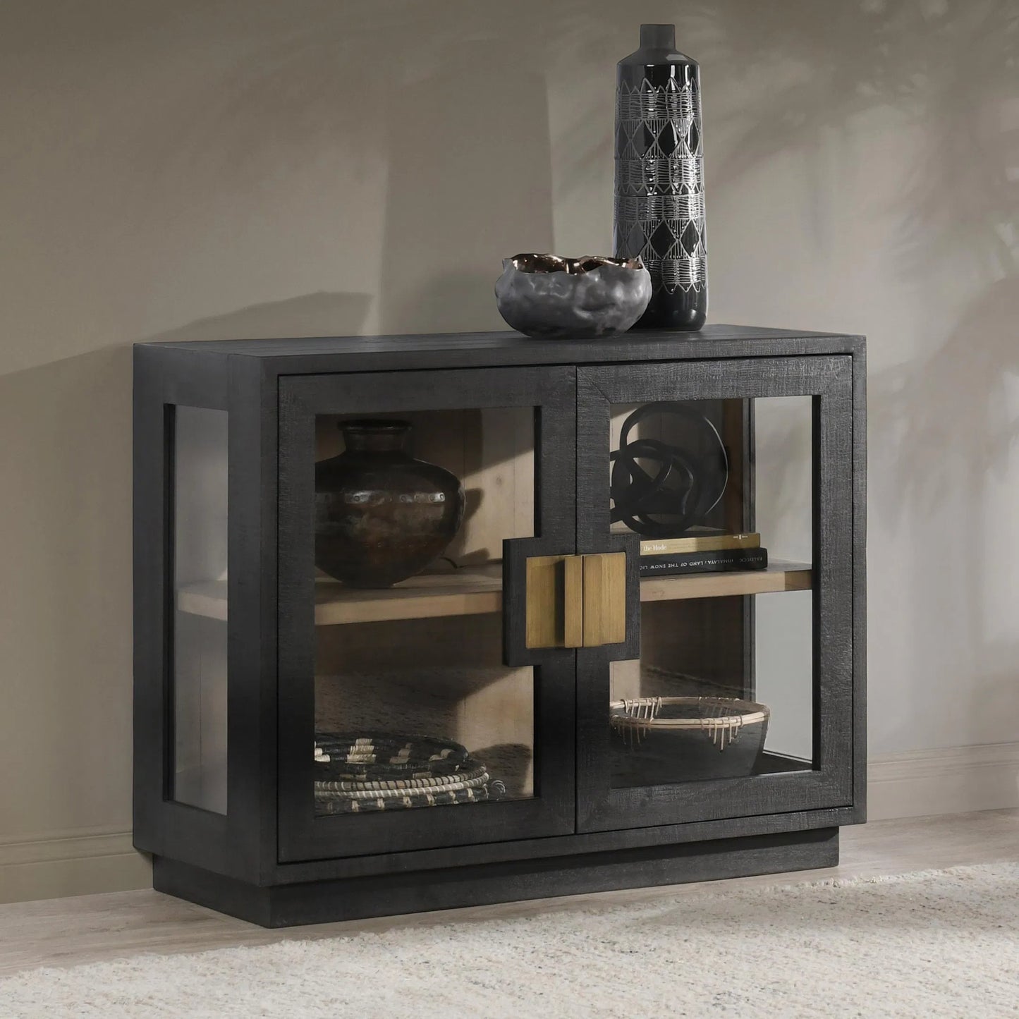 024 SI-2237280 | Lifestyle | Larson Two-Door Glass Oak Wood Cabinet by Classic Home in black. Made from unique in a modern style.