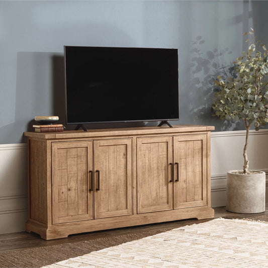 Allegra 4-Door Reclaimed Pine Wood Buffet Sideboard by Kosas Home in natural. Made from reclaimed pine in a transitional style.