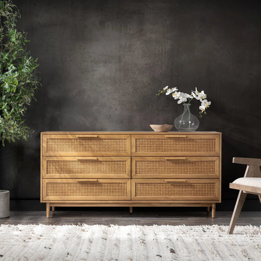 Edris 6-Door Wood Dresser by Kosas Home in beige. Made from pine wood, cane in a rustic style.