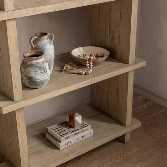 Karlla Bookshelf by Classic Home in soft earth. Made from reclaimed pine in a unique style.