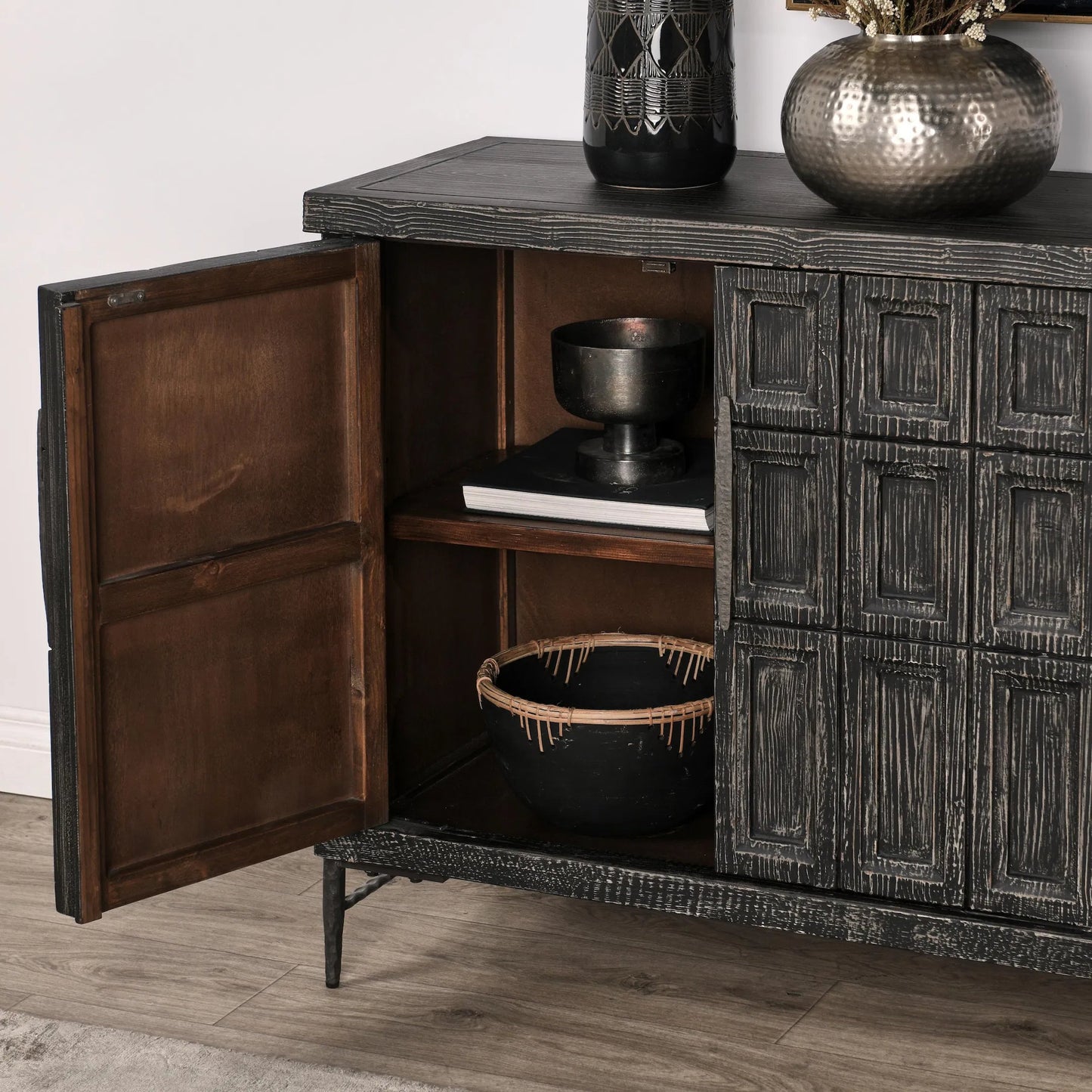 006 SI-2353846 | Closeup | Willmark 6-Door Reclaimed Pine Wood Sideboard Buffet by Classic Home. Made from reclaimed pine in a traditional style.