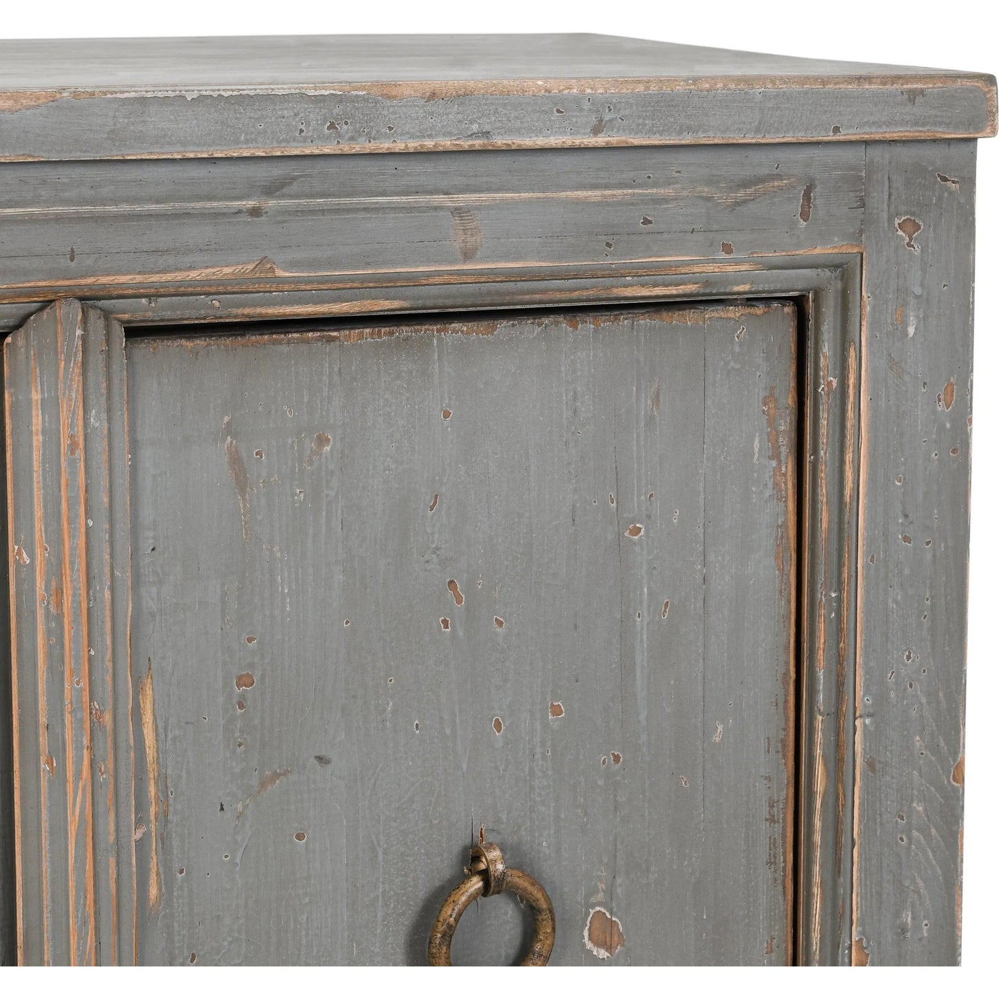 016 SI-2353776 | Closeup | Amherst 4-Drawer Reclaimed Pine Wood Sideboard Buffet by Classic Home in gray. Made from reclaimed pine in a rustic style.