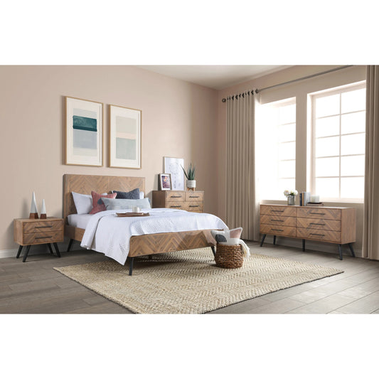 Soren Nightstand by Kosas Home. Made from acacia wood top, black finish iron legs in a modern style.