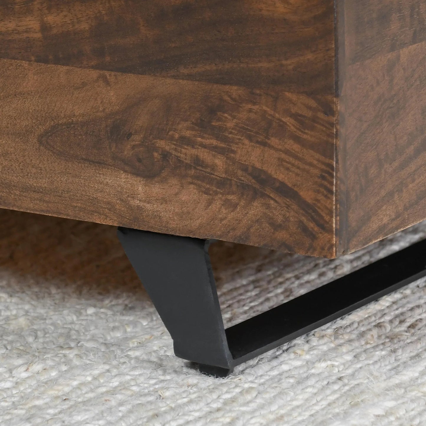 008 SI-2237283 | Closeup | Axis Storage Trunk by Kosas Home. Made from mango wood top, iron legs in a modern style.