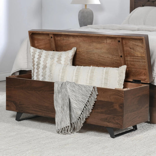 Axis Storage Trunk by Kosas Home in dark brown. Made from mango wood top, iron legs in a modern style.