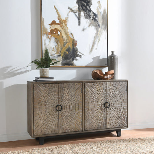 Vivienne 4 Door Sideboard by Classic Home in distressed warm gray. Made from mango wood in a coastal style.