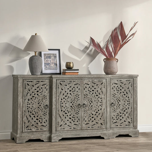 Harmony 4 Door Breakfront Sideboard by Classic Home in distressed warm gray. Made from mango wood in a eclectic & global style.