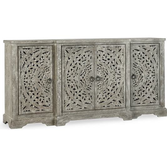 Harmony 4 Door Breakfront Sideboard by Classic Home in distressed warm gray. Made from mango wood in a eclectic & global style.