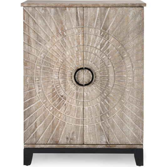 Vivienne Bar Cabinet by Classic Home in distressed warm gray. Made from mango wood in a coastal style.