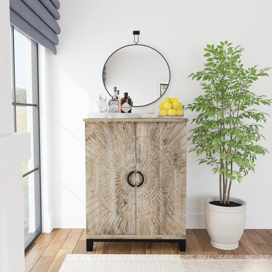 Vivienne Bar Cabinet by Classic Home in distressed warm gray. Made from mango wood in a coastal style.