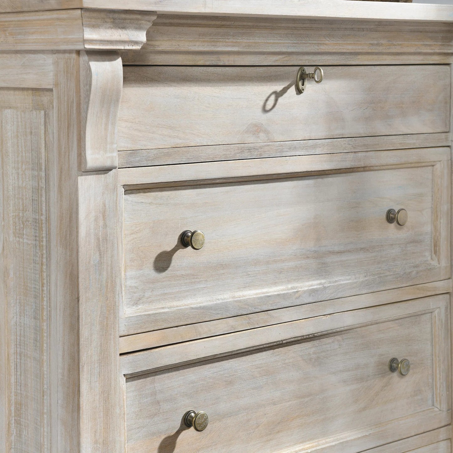 008 SI-2256328 | Closeup | Adelaide 6-Drawer Mango Wood Chest by Classic Home in white wash. Made from mango wood in a transitional style.