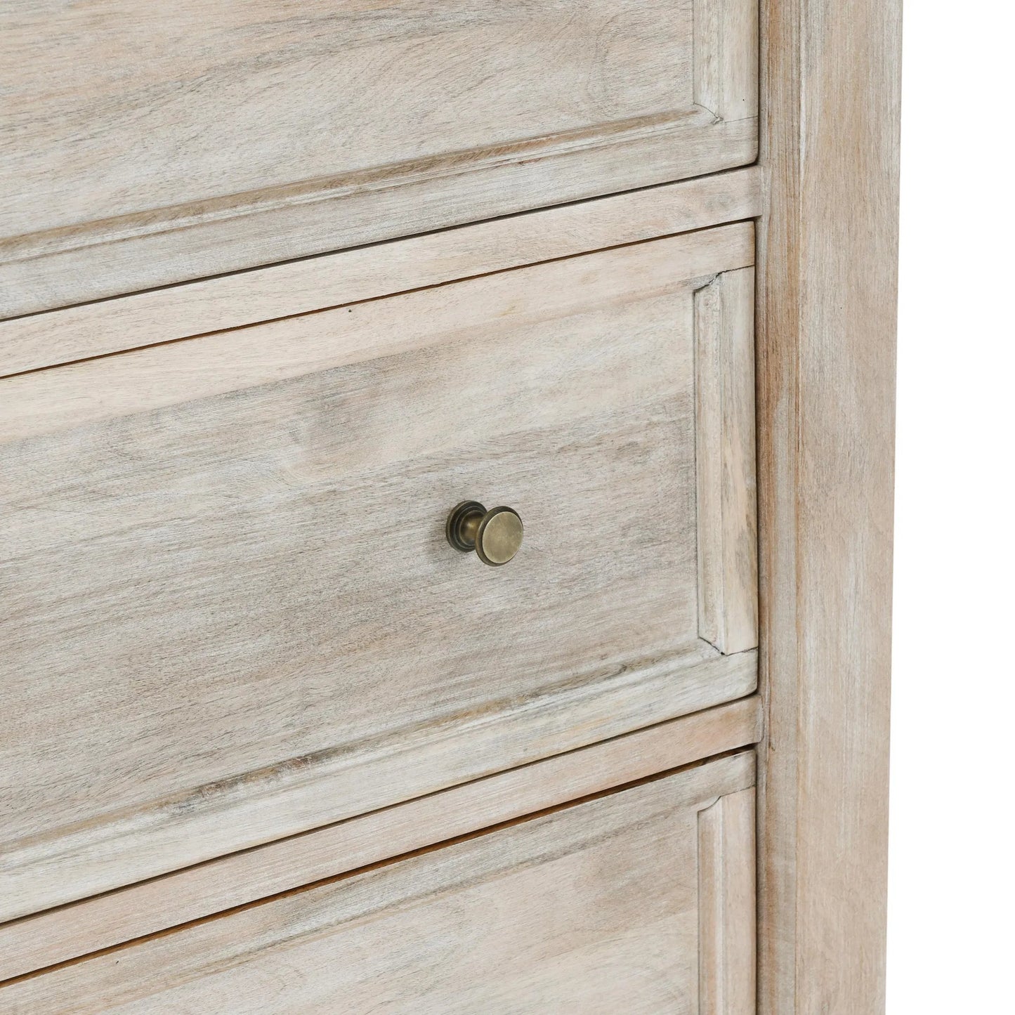 009 SI-2256329 | Closeup | Adelaide 9-Drawer Mango Wood Dresser by Classic Home in white wash. Made from mango wood in a transitional style.