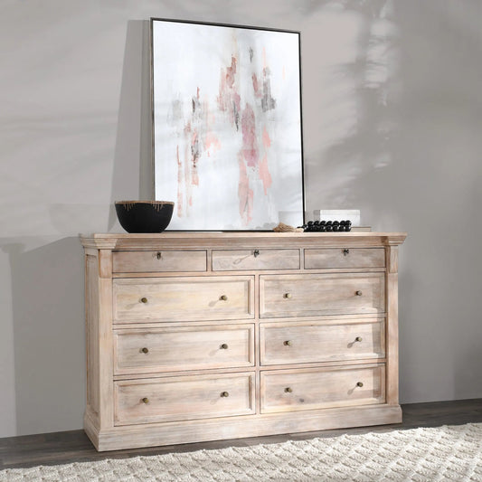 Adelaide 9-Drawer Mango Wood Dresser by Classic Home in white wash. Made from mango wood in a transitional style.