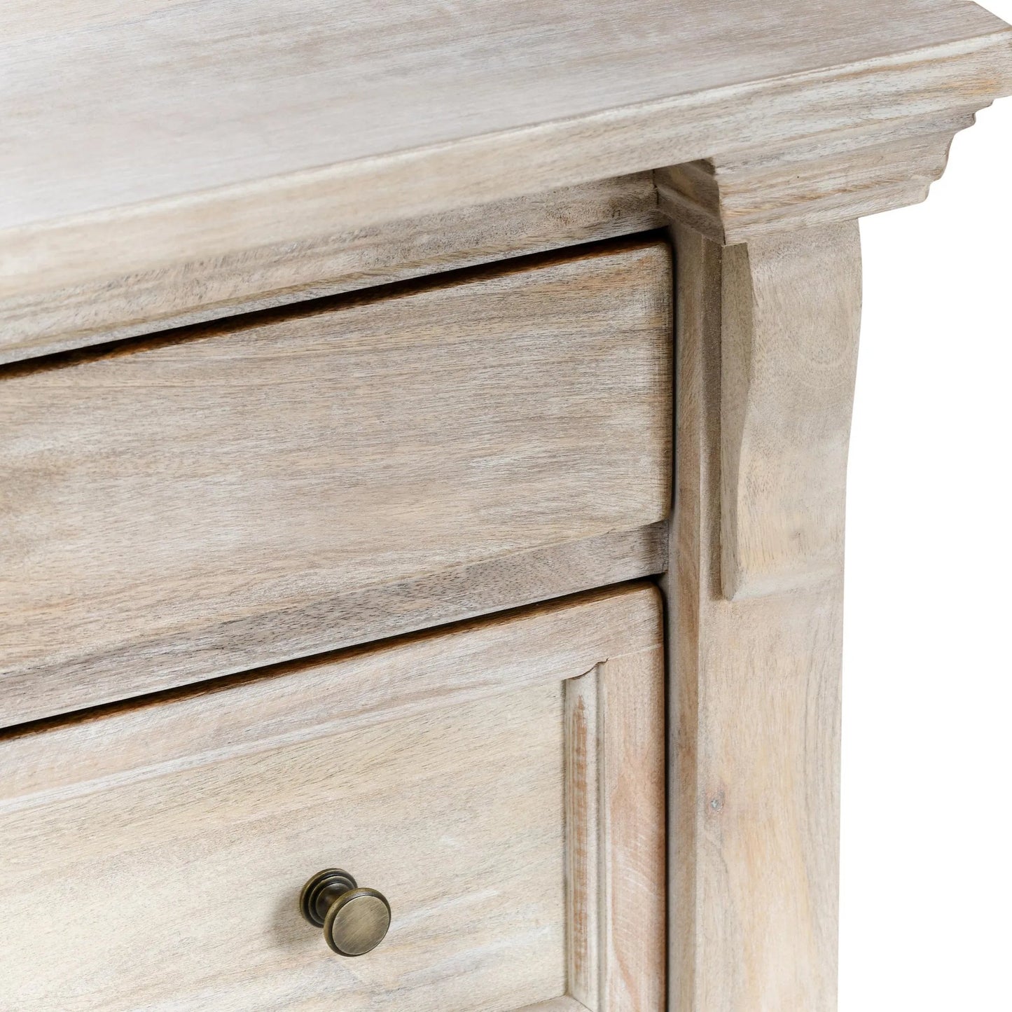 006 SI-2249244 | Closeup | Adelaide Three-Door Mango Wood Nightstand by Classic Home in white wash. Made from mango wood in a transitional style.