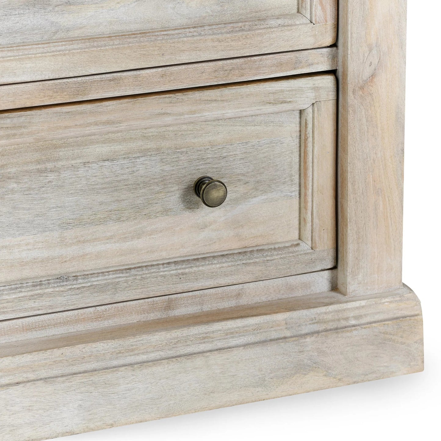 007 SI-2249244 | Closeup | Adelaide Three-Door Mango Wood Nightstand by Classic Home in white wash. Made from mango wood in a transitional style.